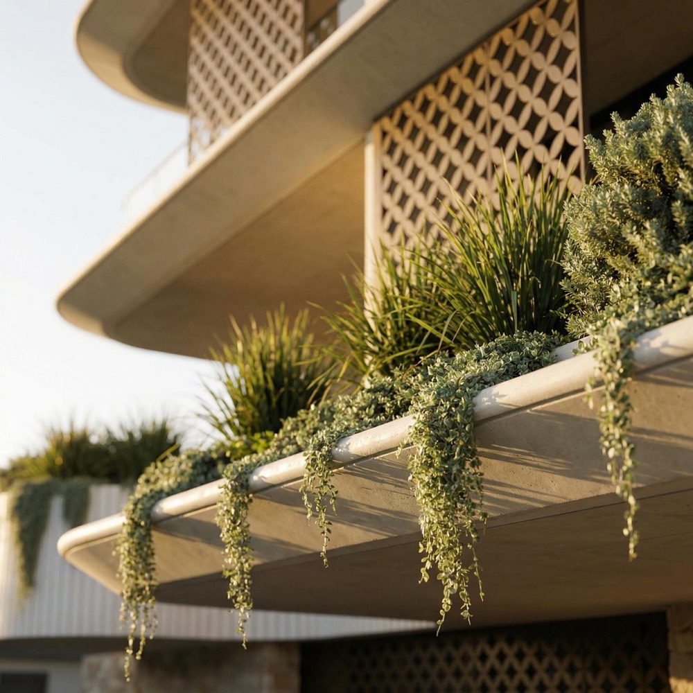 Trailing plants spilling from a curved balcony planter